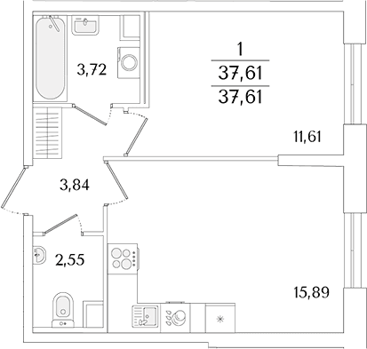 Планировка: Евродвушка 37,6 м² в ЖК «Кинопарк»