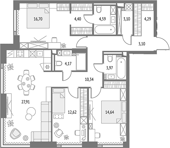 Планировка: Квартира евро-4 109,8 м² в ЖК «Апсайд Тауэрс»