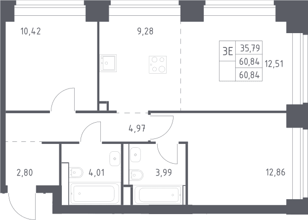 Планировка: Евротрёшка 60,8 м² в ЖК «НОВА»