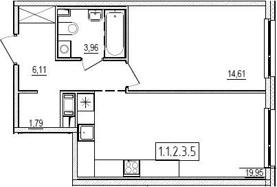 Планировка: Евродвушка 46,4 м² в ЖК «Новый Ямбург»
