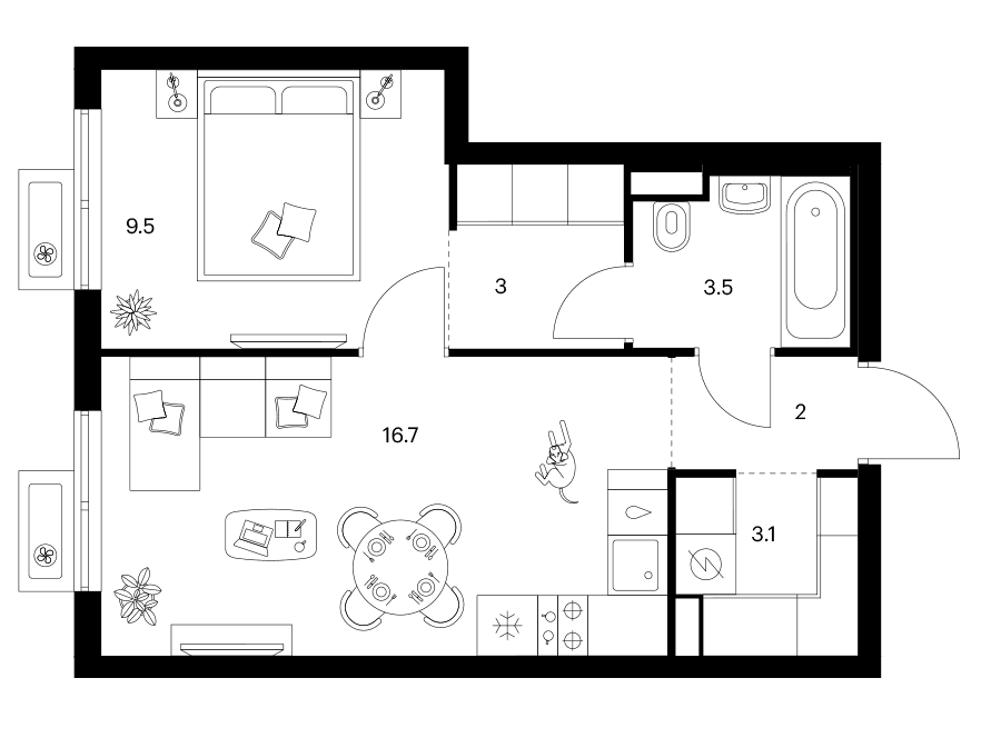 Планировка: 1-комнатная квартира 37,8 м² в ЖК «Ярославский»