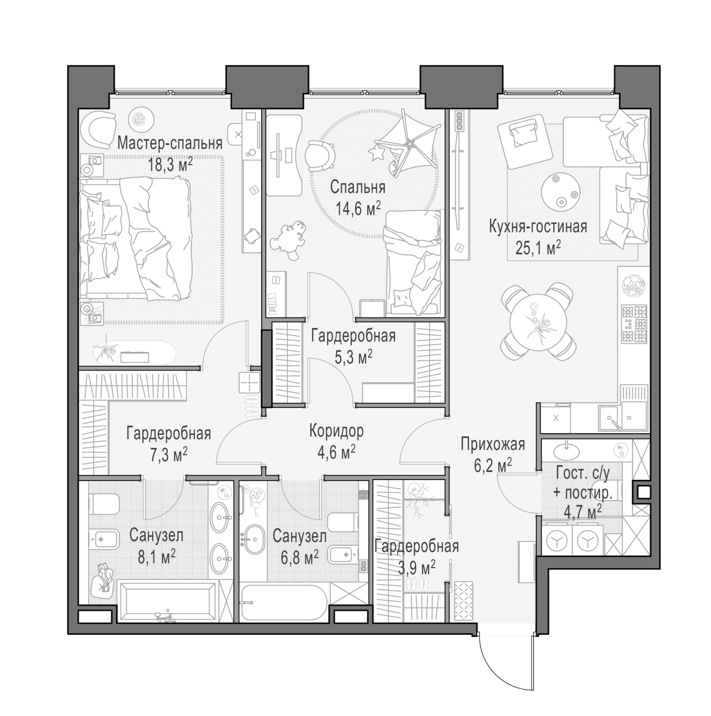 Планировка: Евротрёшка 105,2 м² в ЖК «Квартал Life Time»
