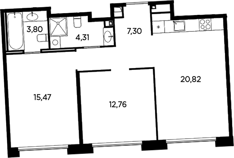 Планировка: Евротрёшка 64,5 м² в ЖК «Акватория»