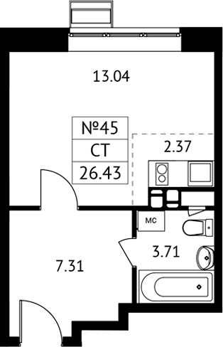 Планировка: Студия 26,4 м² в ЖК «Новотомилино»