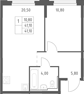 Планировка: Евродвушка 41,1 м² в ЖК «Химки Парк»