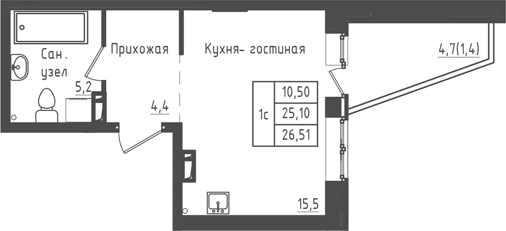 Планировка: Студия 25,1 м² в ЖК «Зеленый город»