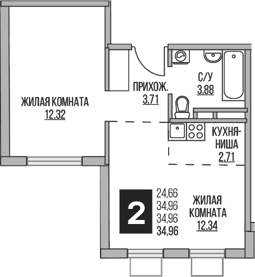 Планировка: Евродвушка 35 м² в ЖК «Гранель Аникеевский»