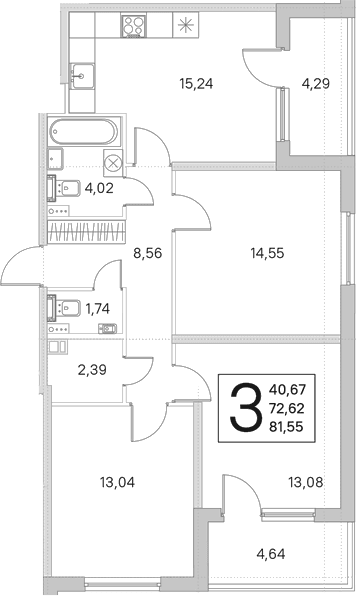 Планировка: Квартира евро-4 72,6 м² в ЖК «Любоград в Стрельне»