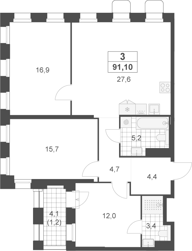 Планировка: Квартира евро-4 89,9 м² в ЖК «Деснаречье»