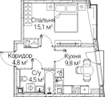Планировка: 1-комнатная квартира 34,2 м² в ЖК «СЕЗАР БУДУЩЕЕ»
