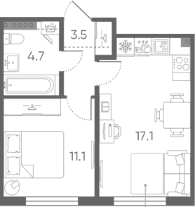 Планировка: Евродвушка 36,4 м² в ЖК «Пулково Лейк»