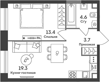Планировка: Евродвушка 41 м² в ЖК «ЭРА»