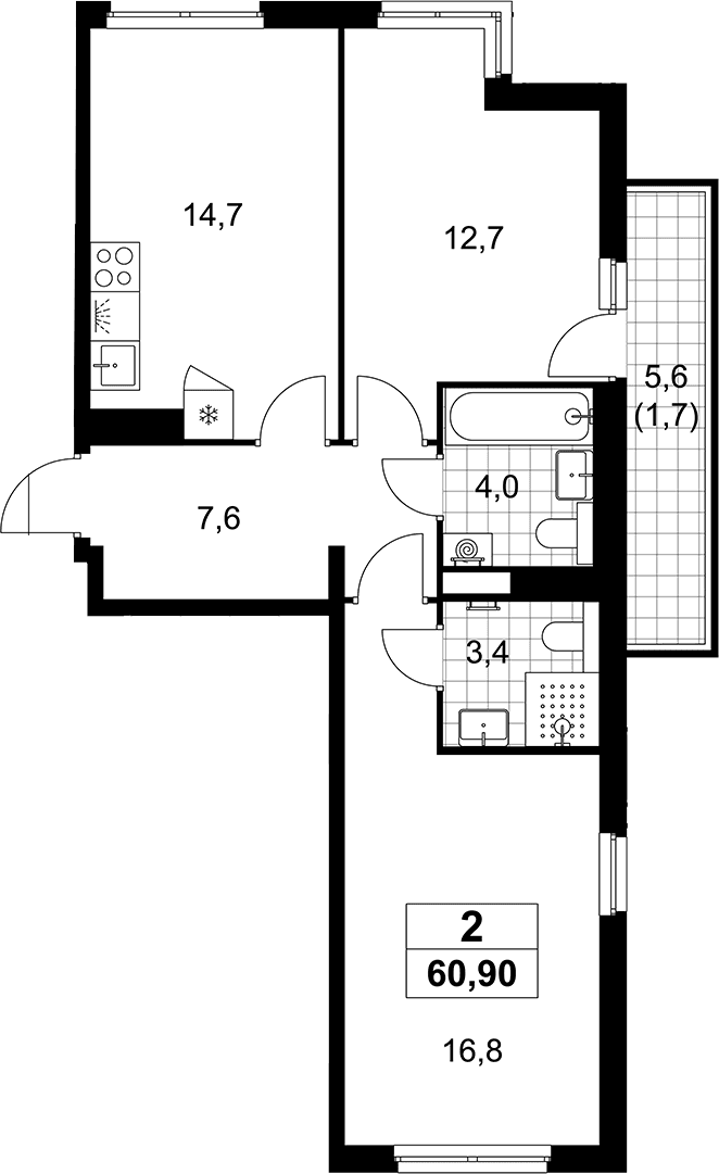 Планировка: 2-комнатная квартира 59,2 м² в ЖК «Деснаречье»