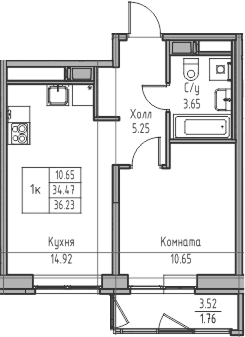 Планировка: Евродвушка 34,5 м² в ЖК «Юнтолово»