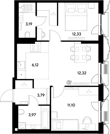 Планировка: Евротрёшка 52,8 м² в ЖК «ЭВО»