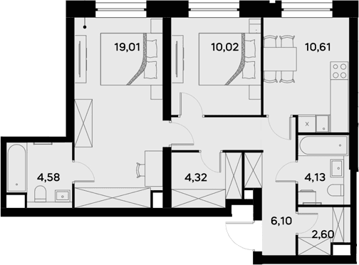 Планировка: 2-комнатная квартира 64,7 м² в ЖК «УЛЬТИМА Сити»