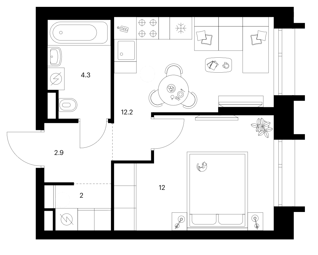 Планировка: 1-комнатная квартира 33,4 м² в ЖК «Зеленый парк»