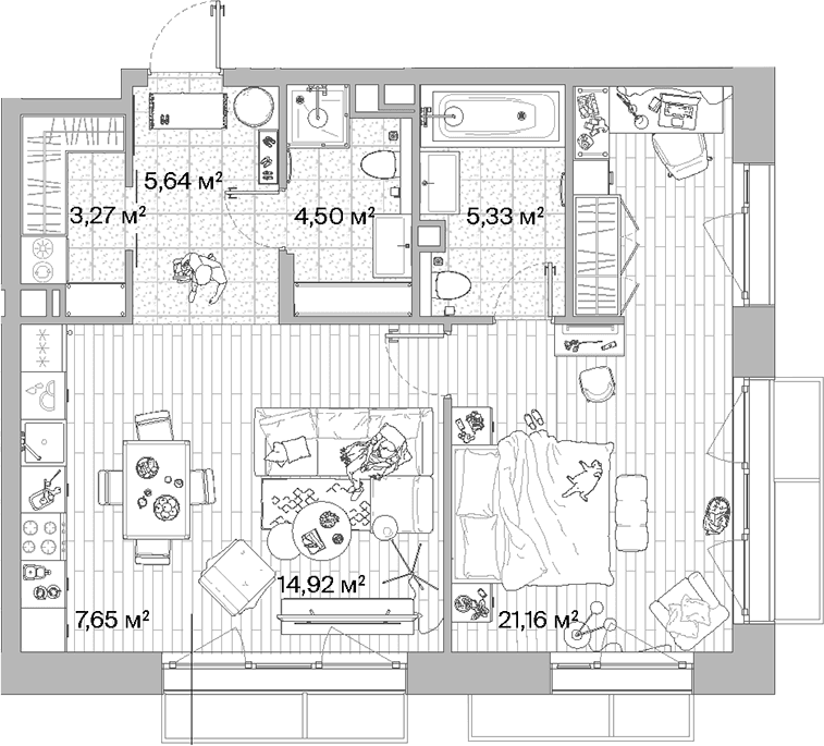 Планировка: Евродвушка 62,5 м² в ЖК «МЫС»