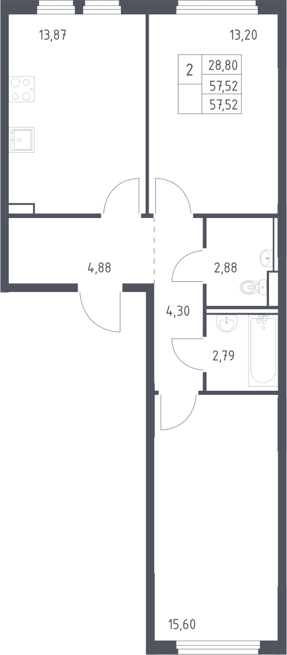 Планировка: 2-комнатная квартира 57,5 м² в ЖК «Пригород Лесное»