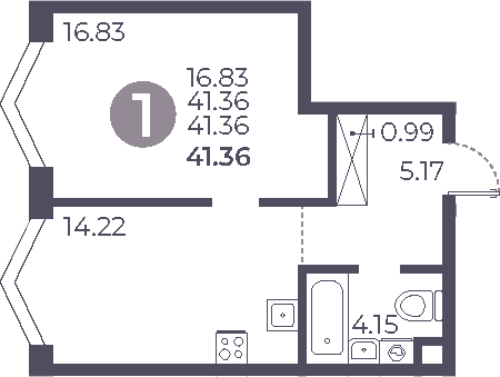 Планировка: 1-комнатная квартира 41,4 м² в ЖК «Мневники от Гранель»