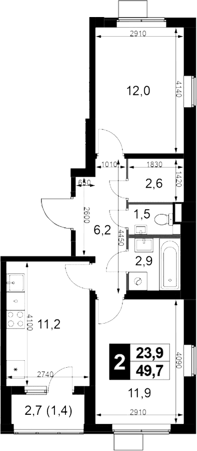 Планировка: 2-комнатная квартира 48,3 м² в ЖК «1-й Химкинский»