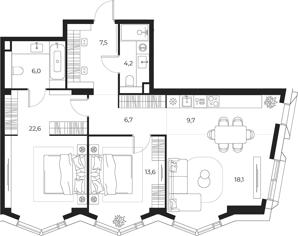Планировка: Евротрёшка 88,4 м² в ЖК «МАСТЕРС»