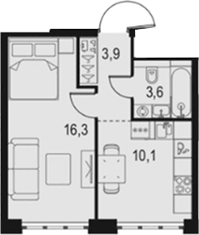 Планировка: 1-комнатная квартира 33,9 м² в ЖК «Левел Южнопортовая»