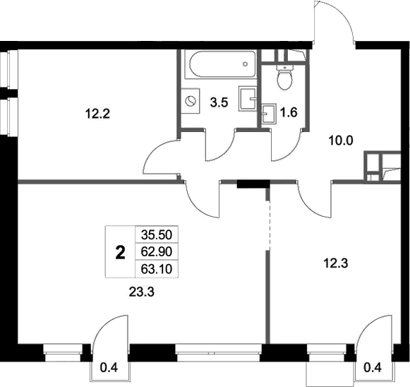 Планировка: 2-комнатная квартира 62,9 м² в ЖК «Легенда Марусино»