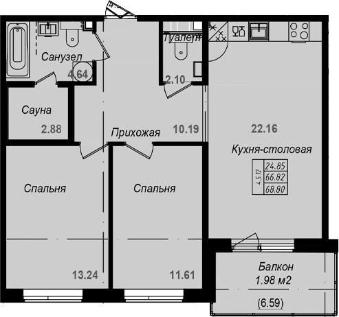 Планировка: Евротрёшка 66,8 м² в ЖК «Grona Lund»