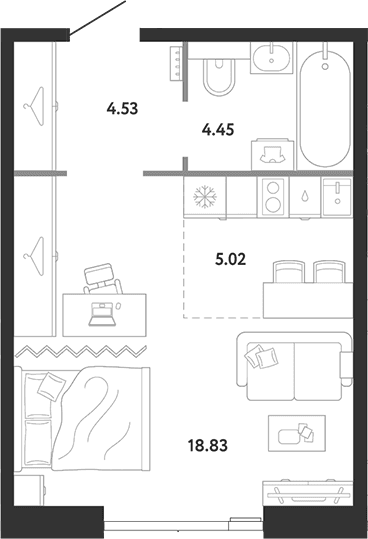 Планировка: Студия 32,8 м² в ЖК «Ридж»