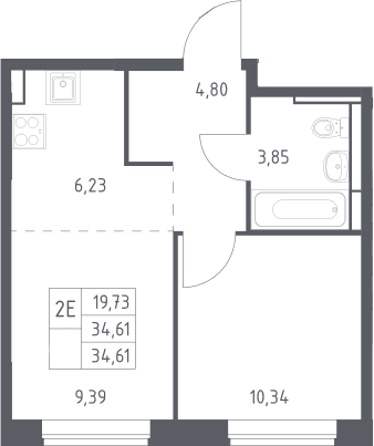 Планировка: Евродвушка 34,6 м² в ЖК «Богдановский лес»
