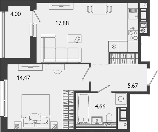 Планировка: Евродвушка 42,7 м² в ЖК «Лиггат»