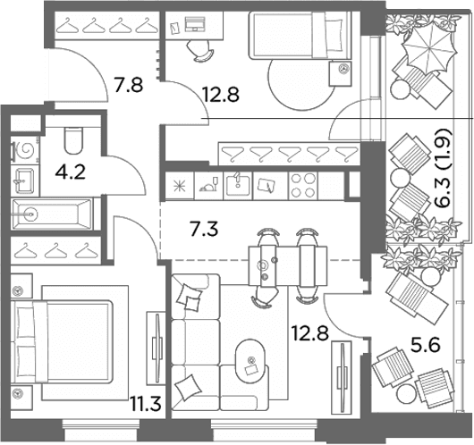 Планировка: Евротрёшка 56,2 м² в ЖК «Станиславский»