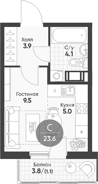 Планировка: Студия 22,5 м² в ЖК «Клюква.Парк»