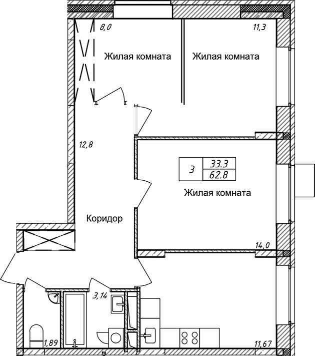 3-комнатная квартира