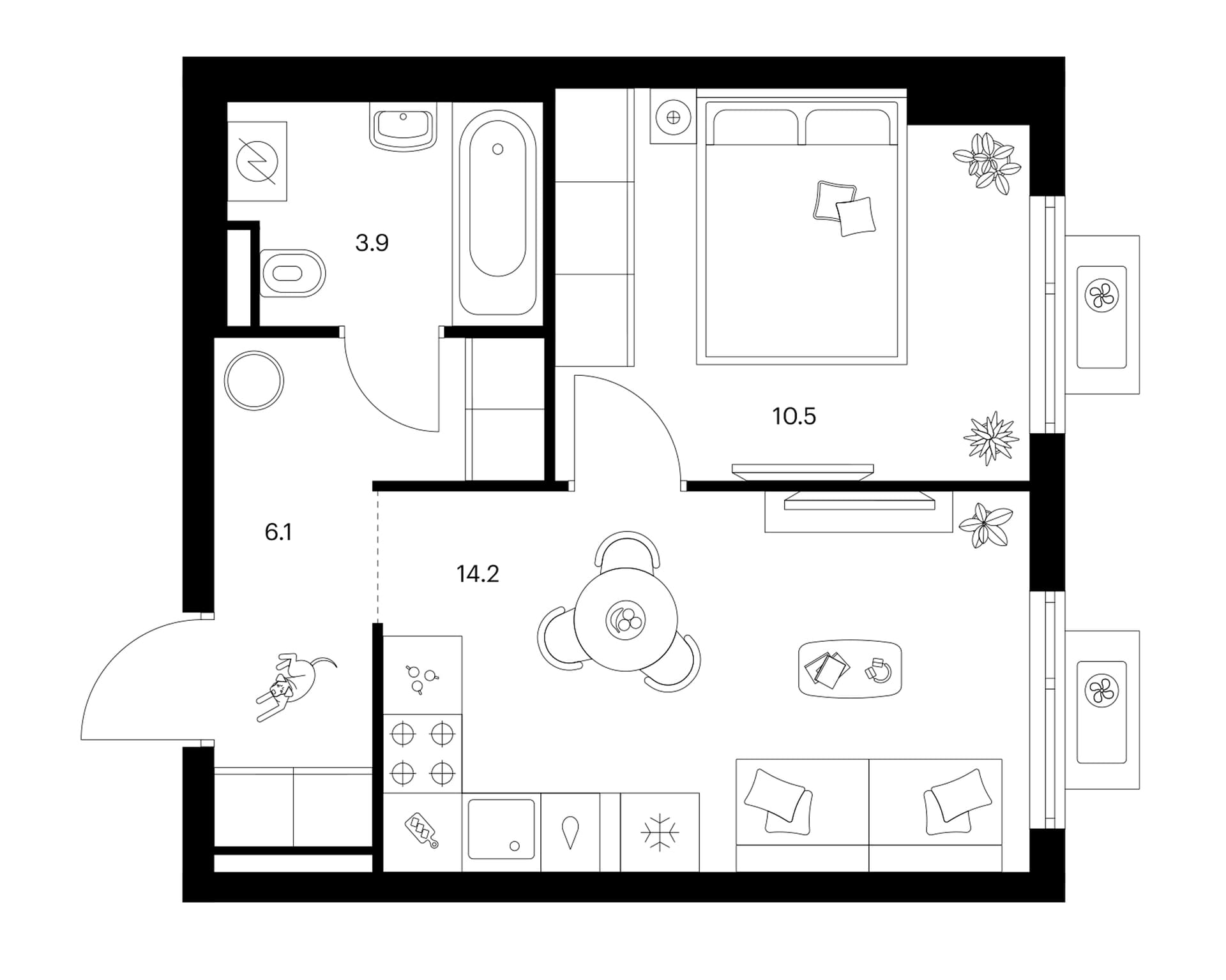 Планировка: 1-комнатная квартира 34,7 м² в ЖК «Белая Дача парк»