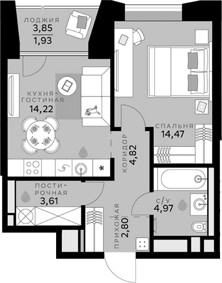 Планировка: Евродвушка 44,9 м² в ЖК «СберСити»