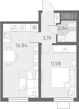 Планировка: Евродвушка 34,7 м² в ЖК «Морская миля»