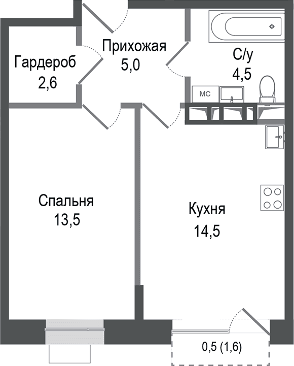 Планировка: 1-комнатная квартира 40,1 м² в ЖК «Киноквартал»