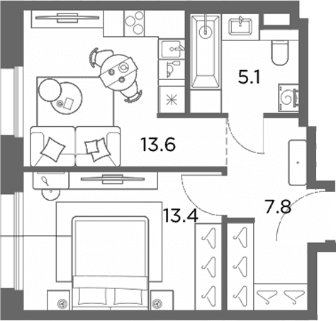 Планировка: 1-комнатная квартира 39,9 м² в ЖК «Станиславский»