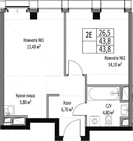 Планировка: Евродвушка 43,8 м² в ЖК «ЭМОУШН»
