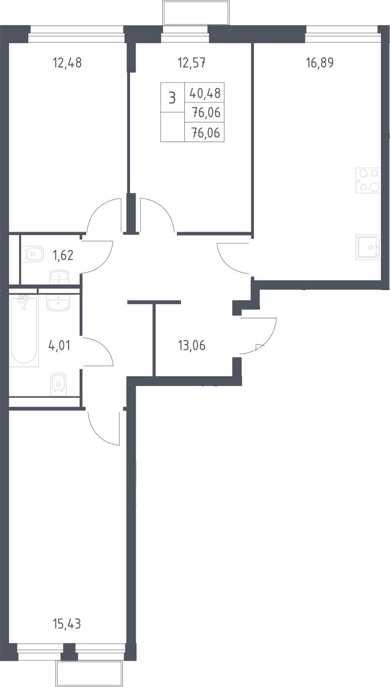 Планировка: 3-комнатная квартира 76,1 м² в ЖК «Квартал Строгино»