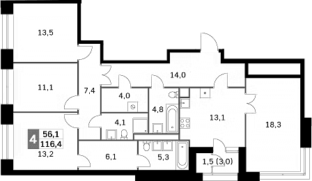 4-комнатная квартира