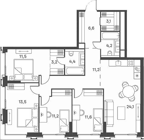 Планировка: Квартира евро-5 104,6 м² в ЖК «Портленд»
