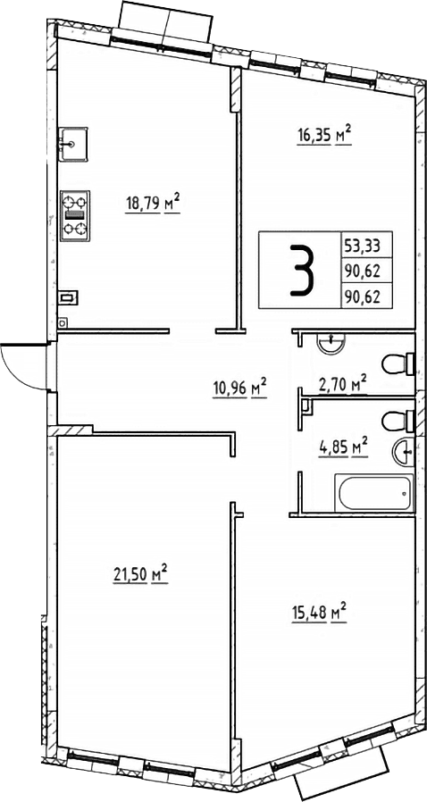 Планировка: 3-комнатная квартира 90,7 м² в ЖК «Эльйон»