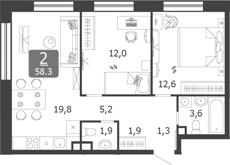Планировка: Евротрёшка 58,3 м² в ЖК «Шагал»