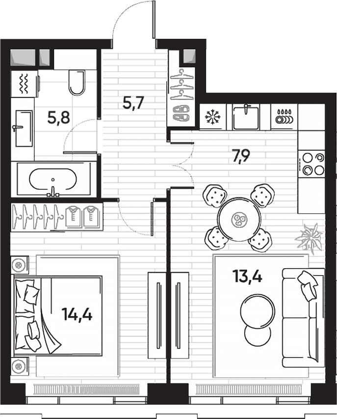 Планировка: Евродвушка 47,2 м² в ЖК «ПРАЙД»