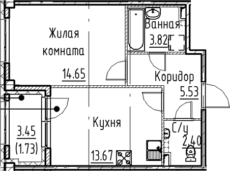 Планировка: 1-комнатная квартира 40,1 м² в ЖК «Кронфорт»