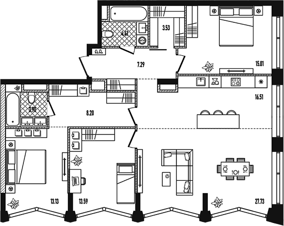 Планировка: Квартира евро-4 113,3 м² в ЖК «Репаблик»