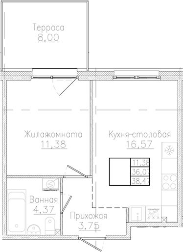 Планировка: 1-комнатная квартира 36,1 м² в ЖК «Счастье 2.0»